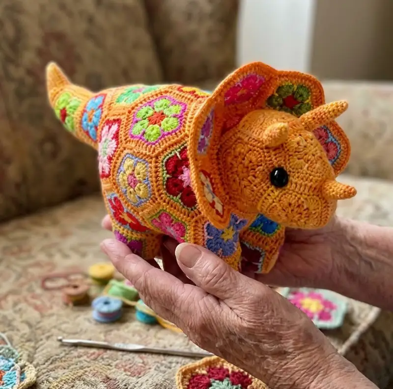 Complimentary Intermediate crochet pattern: Plod the African Flower Triceratops Amigurumi Pattern - Simple to follow guide